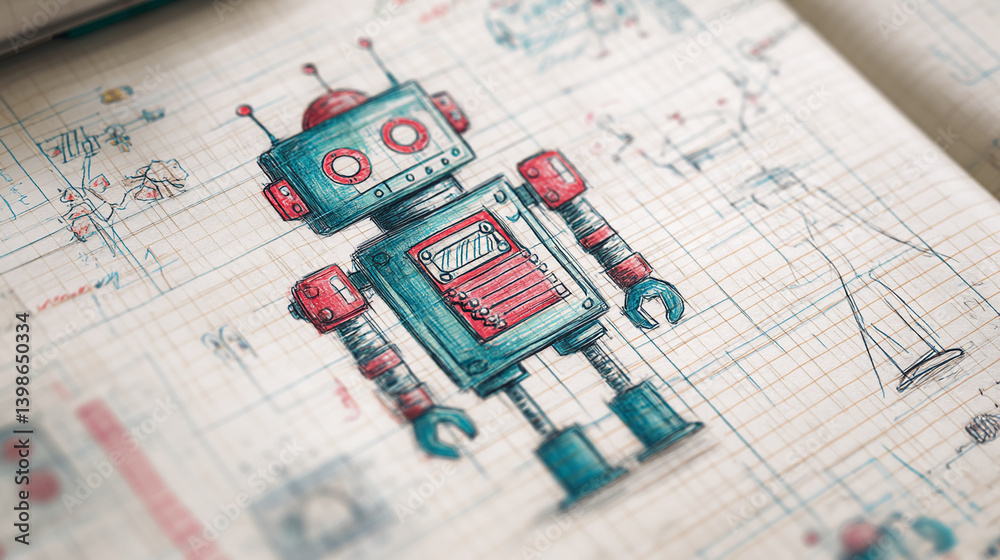 Poster hand-drawn robot sketch on grid paper, showcasing design process and creativity, symbolizing innovat