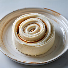 A highly detailed and realistic Swiss roll sits on a pristine white dish, showcasing its natural colors with utmost clarity