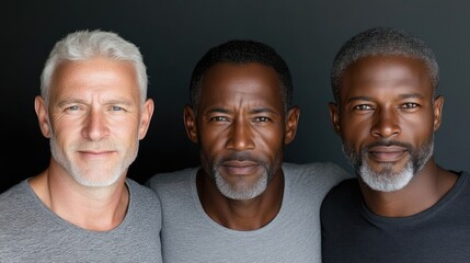 Diverse men, different ages, similar expressions, standing close together
