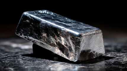 Close-up of metallic silver ingot, rectangular shape, textured surface, resting on dark background, showcasing industrial material, representing value, wealth, or strength