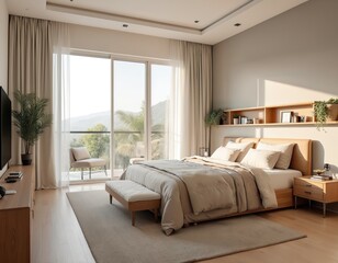 Elegant modern bedroom interior with big bed soft pillows. Coffee table, TV, wooden floor, carpet. Beautiful decor, contemporary design. Natural light, window, view on balcony. Relaxation, comfort,