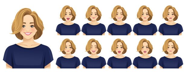 Beautiful business young blond woman. Different facial expressions set. Isolated vector illustration