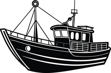 Black and white vector illustration of a fishing trawler sailing on the sea