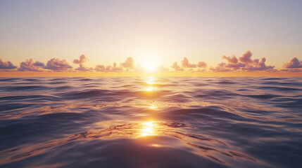 Photorealistic AI-generated sunrise over a calm ocean with golden light reflecting on smooth waves and soft morning clouds. Ideal for tranquil nature themes.