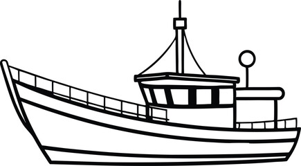 Outlined Cartoon Image of a Fishing Boat on a Plain White Background