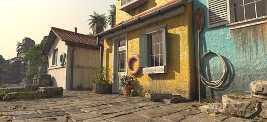 Photorealistic 3D illustration of charming ancient houses with yellow and turquoise facades. Stone-paved pathway with nautical details including life preserver, coiled rope and wooden barrels.