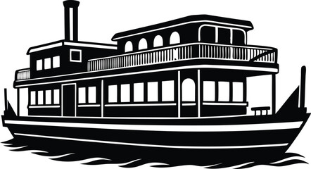 A vintage steamboat illustration with a chimney, railing, and multi leveled decks