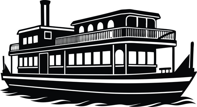 A vintage steamboat illustration with a chimney, railing, and multi leveled decks