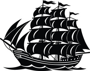 Silhouette of a ThreeMasted Sailing Ship Adrift on the Open Ocean