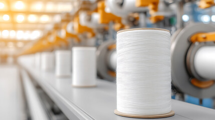 Spools of white thread neatly aligned on a manufacturing conveyor, ready for textile production and industrial use. Focus on quality and precision. #threads