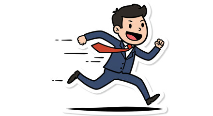 A cheerful businessman in a blue suit sprints towards success, a dynamic cartoon illustration with bold outlines and flat colors.