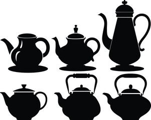 Teapot Silhouette Vector Illustration Set, Vintage and Modern Tea Kettle Vector Icons.