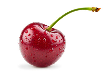 Glossy Red Cherry with Water Droplets on a White Background .