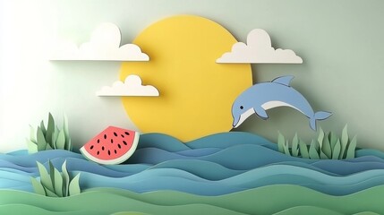 A summer-themed illustration with a watermelon slice on a blue water splash, "Hello Summer" greeting, women basking in the sun, and dolphins jumping out of the water