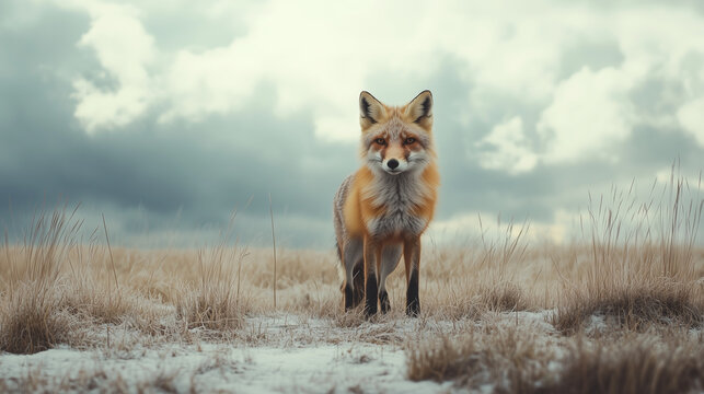 Red fox standing alert on frosty winter grassland under a cloudy sky. A dramatic and serene wildlife scene ideal for nature, survival, and environmental themes.