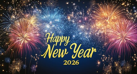 New Year's 2026 cards displaying sky-written messages against a backdrop of fireworks – a cheerful winter greeting