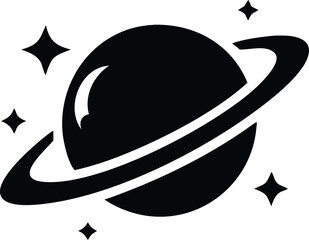Black and white depiction of a planet with rings and stars around it © Art by Redu