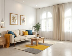 Cozy modern living room interior with stylish sofa coffee table. Bright daylight, decorative pillows, carpet, wooden furniture, houseplant near window. Comfortable home decor, minimalist design,