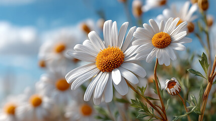 White daisies blooming in a sunny field against a blue sky  