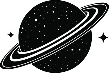 Black and white graphic illustration of a planet with rings and stars