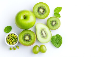 Fototapeta premium Minimalistic flat lay green fruit composition, Copy space on white background, Top view fresh kiwi apple styling, Healthy pistachio mint accent display, Clean aesthetic commercial stock photo