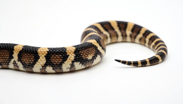 Eastern diamondback rattlesnake body close-up. Reptile displays striking diamond pattern. Venomous snake, dangerous predator on white background. Wildlife, animal. Snake tail with rattle, black tip. - Powered by Adobe