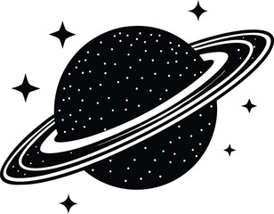 Monochrome Illustration of a Ringed Planet Surrounded by Stars in Outer Space © Art by Redu