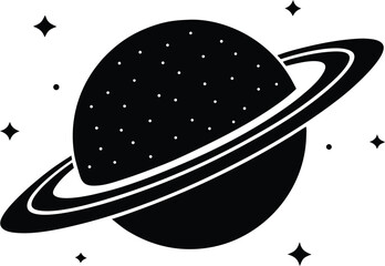 Simple black and white illustration of a ringed planet surrounded by stars © Art by Redu