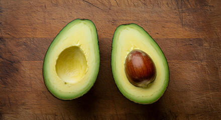Fresh Organic Avocado Halves Displayed on a Wooden Cutting Board