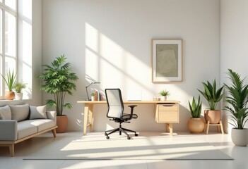 Fototapeta premium modern minimalist office workspace arrangement clean aesthetic functional design efficient layout, chair, environment, organization, interior, decor, style