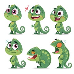 Obraz premium Adorable Cartoon Chameleon Poses Illustrations Graphics Cute Reptile Characters