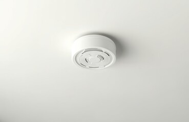 White smoke detector mounted on ceiling. Safety device for home apartment, building. Detects fire smoke. Security system for danger alert. Home protection. Prevent fire. Protect real estate.