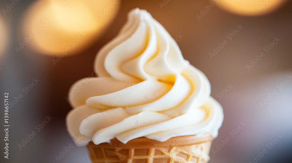 Poster a close-up view showcases a classic ice cream cone with a creamy vanilla swirl, set against a warm p