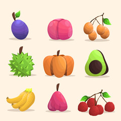 Summer fruit set collection, juicy flavors, prunes, peaches, mangoes, durians, pumpkins, avocados, bananas, guava, lychees. Vector illustration.
