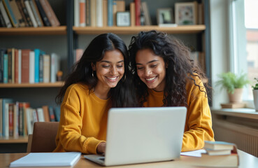 Two young Indian women work together on a project using laptop. Students discuss, study, research at computer in library. Happy female friends learn in university. Bookshelves in background.