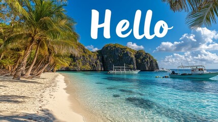 A serene tropical beach scene featuring "Hello" text overlay