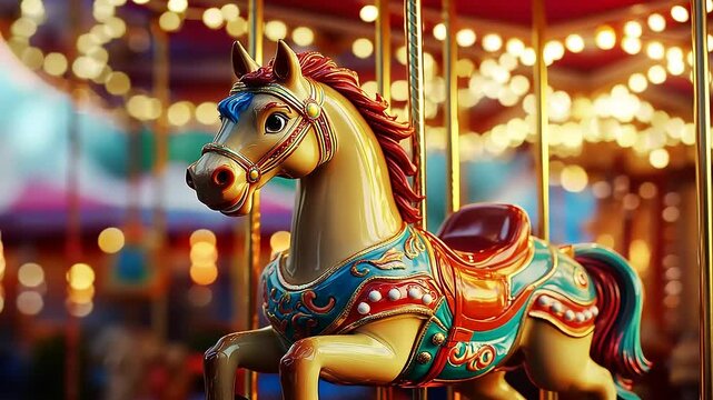 Colorful carousel horse with vibrant decorations, illuminated by festive lights in a carnival setting