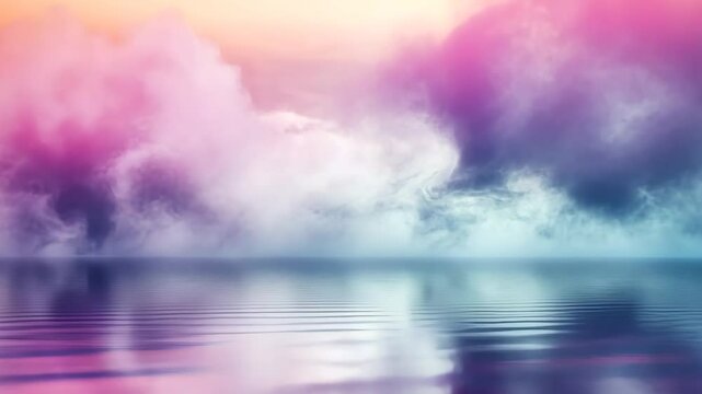 Dramatic blue cloudscape over the sea with white clouds reflecting sunlight on the water