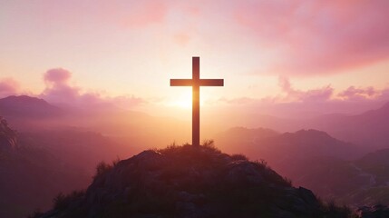 Christian cross silhouette on hilltop at sunset religious symbol of faith and hope background image stock photo