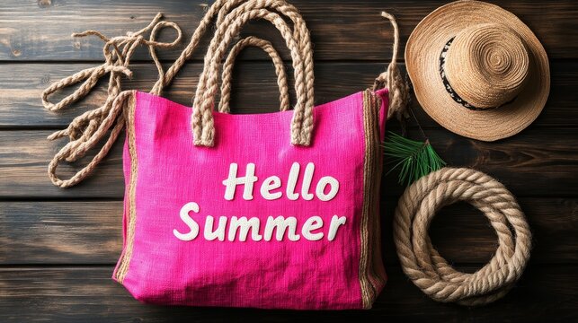 A summer wicker beach bag filled with a swimsuit, sunglasses, flip-flops, and juice, perfect for promoting travel or holiday getaways