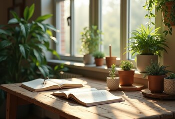 Obraz premium serene workspace design lush green plants cozy notebooks calming office atmosphere productive study environment, desk, furniture, shelf, light, indoor, decor