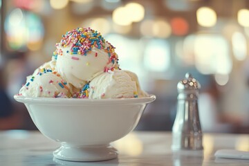 Fototapeta premium A bowl of delicious vanilla ice cream topped with colorful sprinkles.