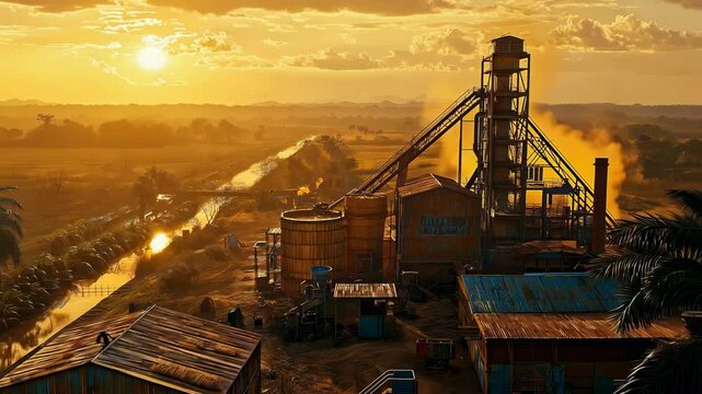 Sugar cane processing plant operates at sunset in a rural setting with vibrant colors and industry activity