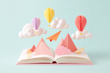 Whimsical storybook with hot air balloons