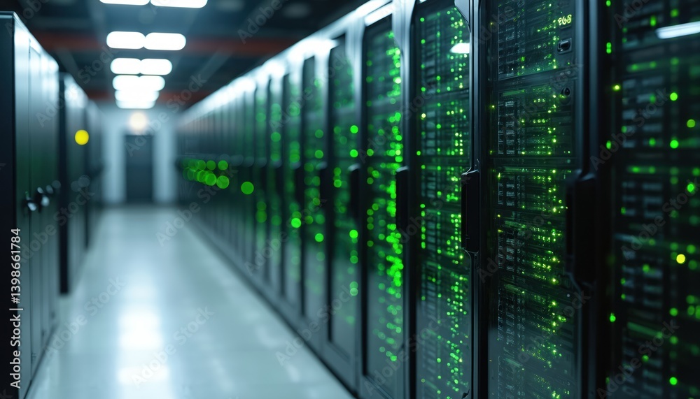 Poster modern server room with illuminated data storage units, servers. high-tech digital infrastructure, i