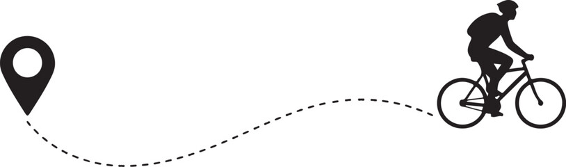 Obraz premium Young riding bicycle with start location pin. Healthy lifestyle. Travel concept black silhouette. Vector illustration isolated on white