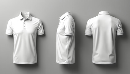 Polo shirt template displayed on grey background. Front side back views of white polo shirt for design presentation. Modern casual style blank polo shirt, wear mockup for brand. Textile fashion wear.