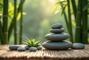 Obraz premium zen stone arrangement tranquil bamboo mat natural decor peaceful meditation setup, nature, decoration, rock, tranquility, harmony, minimalism, design
