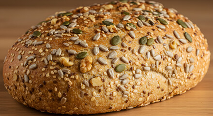 Artisan Freshly Baked Whole Grain Bread Loaf With Seeds And Nuts