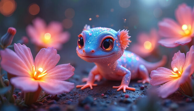 Charming illustration of cute gecko. Translucent skin, vibrant colors. Pink flowers, bokeh background, dreamy atmosphere. Fairytale, magic, fantasy land with sweet, adorable creature.